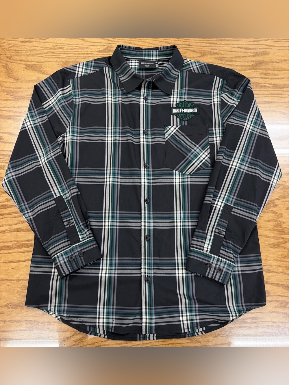 Harley-Davidson Bar & Shield Work Shirt Green Black Plaid Patch Logo XL 25x30